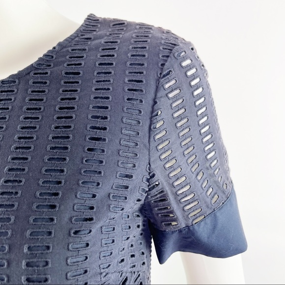 Theory Size 6 Navy Blue Short Sleeve Eyelet Embroidered Shift Dress - Picture 3 of 9